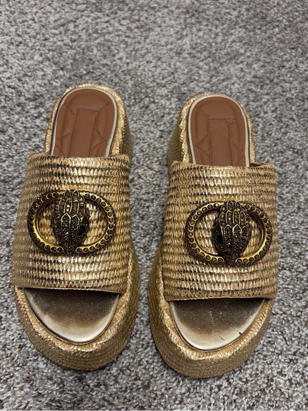Kurt Geiger Metallic Gold Woven Slide Mules with Decorative Medallions
